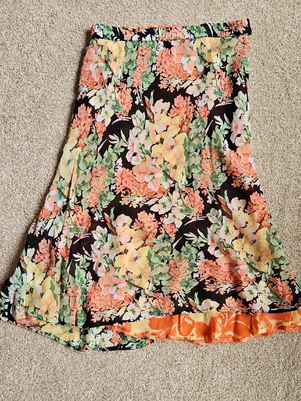 Coldwater Creek Size S Black with Peach & Green Floral Maxi Skirt Reversable